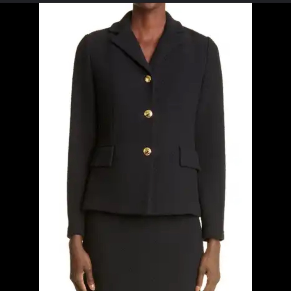 St. John size 4 black evening blazer 3 button closure 100% wool pocket front